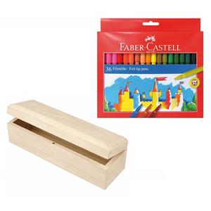 Faber Castell Houten tekenen stiften opbergdoosje 20 x 6 cm met 36x Faber Castel viltstiften -