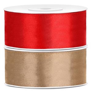 Bellatio 2x rollen satijn sierlint 2.5 cm x 25 meter goud en rood -