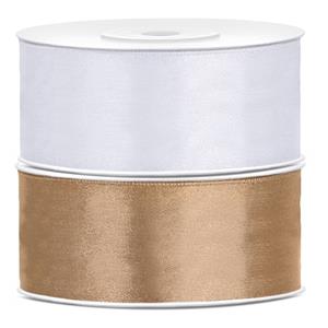 Bellatio 2x rollen satijn sierlint 2.5 cm x 25 meter goud en wit -