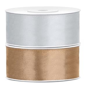 Bellatio 2x rollen satijn sierlint 2.5 cm x 25 meter goud en zilver -