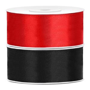 Bellatio 2x rollen satijn sierlint 2.5 cm x 25 meter rood en zwart -