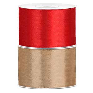 Bellatio 2x rollen satijn sierlint 5 cm x 25 meter goud en rood -