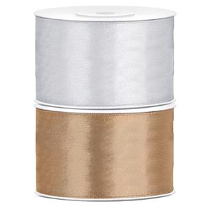 Bellatio Set van 2 stuks sierlinten/cadeaulinten/satijnen linten goud en zilver mm x 25 meter -