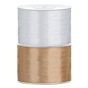 Bellatio decorations 2x rollen satijn sierlint 5 cm x 25 meter goud en zilver -