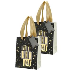 Cepewa Set van 4x stuks papieren verjaardag giftbags/cadeau tasjes Happy Birthday zwart 11 x 14 x 6 cm -