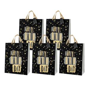 Cepewa Set van 8x stuks papieren verjaardag giftbags/cadeau tasjes Happy Birthday zwart 25 x 32 x 12 cm -