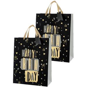 Cepewa Set van 6x stuks papieren verjaardag giftbags/cadeau tasjes Happy Birthday zwart 25 x 32 x 12 cm -