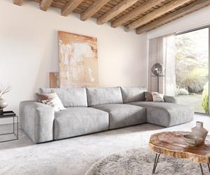 DELIFE Ecksofa Lanzo XL 380x175 cm Cord Silbergrau Recamiere variabel