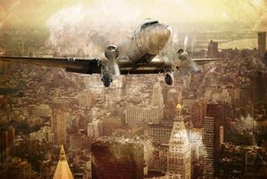 Papermoon Fototapete »Flugzeug über Stadt«, Vliestapete, hochwertiger Digitaldruck, inklusive Kleister
