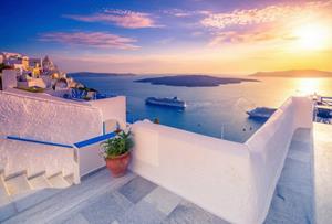 Papermoon Fototapete TERRASSE-SANTORINI SEE MEER STRAND PALMEN DÜNEN SCHIFFE, Vliestapete, hochwertiger Digitaldruck, inklusive Kleister