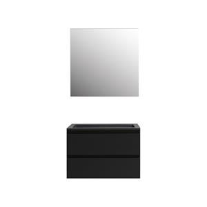 Boss & wessing Badkamermeubel  Pepper Acryl Wastafel Mat Zwart Incl Spiegel Met Kraangat 80x55x46 cm Mat Zwart