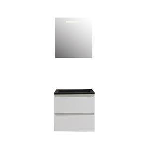 Boss & wessing Badkamermeubel  Pepper Acryl Wastafel Mat Zwart Zonder Kraangat Inclusief Spiegel Met LED Verlichting 60x55x46 cm Wit
