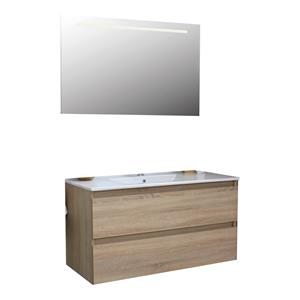 Boss & wessing Badkamermeubel  Pepper Wastafel Porselein Incl Spiegel Met LED Verlichting En Kraangat 100x55x46 cm Eiken