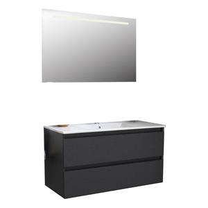 Boss & wessing Badkamermeubel  Pepper Wastafel Porselein Incl Spiegel Met LED Verlichting En Kraangat 100x55x46 cm Antraciet