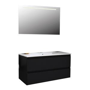 Boss & wessing Badkamermeubel  Pepper Wastafel Porselein Incl Spiegel Met LED Verlichting En Kraangat 100x55x46 cm Mat Zwart