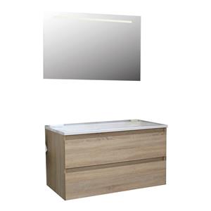 Boss & wessing Badkamermeubel  Pepper Acryl Wastafel Incl Spiegel Met LED Verlichting Met 2 Kraangaten 100x55x46 cm Eiken