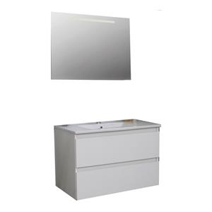 Boss & wessing Badkamermeubel  Pepper Wastafel Porselein Incl Spiegel Met LED Verlichting En Kraangat 80x55x46 cm Wit