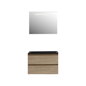 Boss & wessing Badkamermeubel  Pepper Acryl Wastafel Mat Zwart Incl Spiegel Met LED Verlichting Zonder Kraangat 80x55x46 cm Eiken