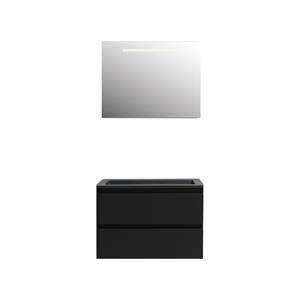 Boss & wessing Badkamermeubel  Pepper Acryl Wastafel Mat Zwart Incl Spiegel Met LED Verlichting Met Kraangat 80x55x46 cm Mat Zwart