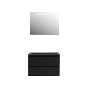 Boss & wessing Badkamermeubel  Pepper Acryl Wastafel Mat Zwart Incl Spiegel Met LED Verlichting Zonder Kraangat 80x55x46 cm Mat Zwart