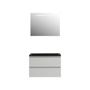 Boss & wessing Badkamermeubel  Pepper Acryl Wastafel Mat Zwart Incl Spiegel Met LED Verlichting Zonder Kraangat 80x55x46 cm Wit