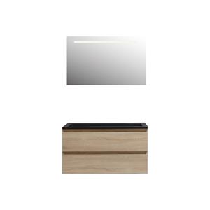 Boss & wessing Badkamermeubel  Pepper Acryl Wastafel Mat Zwart Incl Spiegel Met LED Verlichting Met 2 Kraangaten 100x55x46 cm Eiken