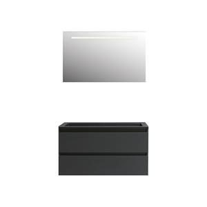 Boss & wessing Badkamermeubel  Pepper Acryl Wastafel Mat Zwart Incl Spiegel Met LED Verlichting Met 2 Kraangaten 100x55x46 cm Antraciet