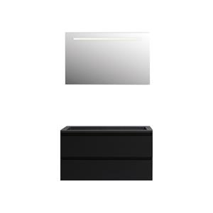 Boss & wessing Badkamermeubel  Pepper Acryl Wastafel Mat Zwart Incl Spiegel Met LED Verlichting Zonder Kraangat 100x55x46 cm Mat Zwart