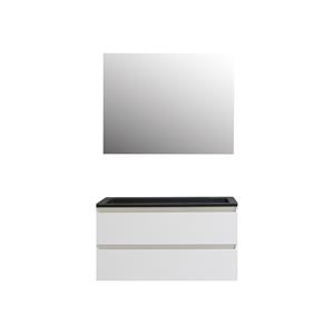 Boss & wessing Badkamermeubel  Pepper Acryl Wastafel Mat Zwart Met 2 Kraangaten Inclusief Spiegel 100x55x46 cm Wit