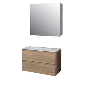 Boss & wessing Badkamermeubel BWS Pepper Wastafel Porselein Incl Spiegelkast 2 Deurs Met 1 Krg 80x55x46 cm Eiken