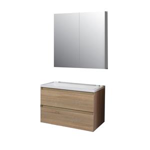 Boss & wessing Badkamermeubel BWS Pepper Wastafel Acryl Incl Spiegelkast 2 Deurs Zonder Kraangat 80x55x46 cm Eiken