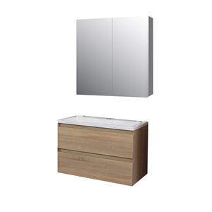 Boss & wessing Badkamermeubel BWS Pepper Wastafel Acryl Incl Spiegelkast 2 Deurs Met Kraangat 80x55x46 cm Eiken