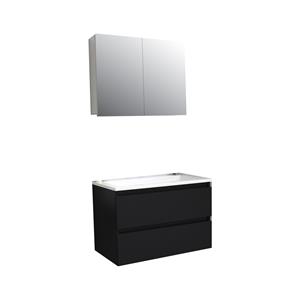 Boss & wessing Badkamermeubel BWS Pepper Wastafel Acryl Incl Spiegelkast 2 Deurs Met Kraangat 80x55x46 cm Mat Zwart