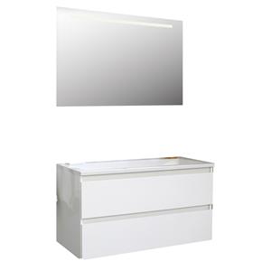 Boss & wessing Badkamermeubel  Pepper Acryl Wastafel Incl Spiegel Met LED Verlichting Zonder Kraangat 100x55x46 cm Wit