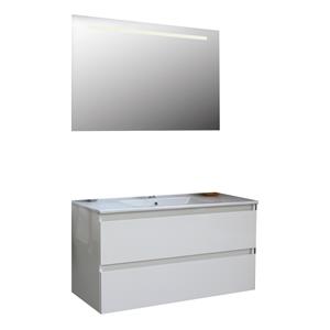 Boss & wessing Badkamermeubel  Pepper Wastafel Porselein Incl Spiegel Met LED Verlichting En Kraangat 100x55x46 cm Wit