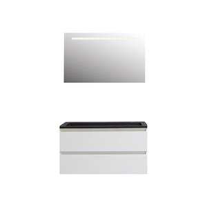 Boss & wessing Badkamermeubel  Pepper Acryl Wastafel Mat Zwart Incl Spiegel Met LED Verlichting Met Kraangat 100x55x46 cm Wit