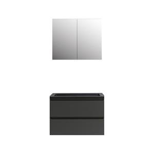 Boss & wessing Badkamermeubel BWS Pepper Wastafel Acryl Mat Zwart Incl Spiegelkast 2 Deurs Met Kraangat 80x55x46 cm Antraciet