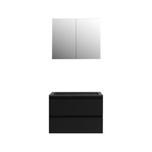 Boss & wessing Badkamermeubel BWS Pepper Wastafel Acryl Mat Zwart Incl Spiegelkast 2 Deurs Met Kraangat 80x55x46 cm Mat Zwart