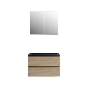 Boss & wessing Badkamermeubel BWS Pepper Wastafel Acryl Mat Zwart Incl Spiegelkast 2 Deurs Met Kraangat 80x55x46 cm Eiken