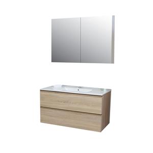 Boss & wessing Badkamermeubel BWS Pepper Wastafel Porselein Incl Spiegelkast 2 Deurs Met 1 Krg 100x55x46 cm Eiken