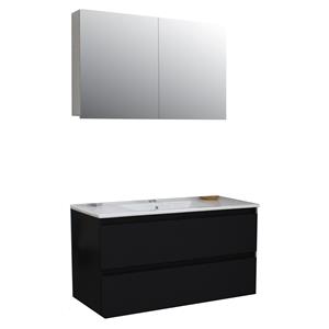 Boss & wessing Badkamermeubel BWS Pepper Wastafel Porselein Incl Spiegelkast 2 Deurs Met 1 Krg 100x55x46 cm Mat Zwart