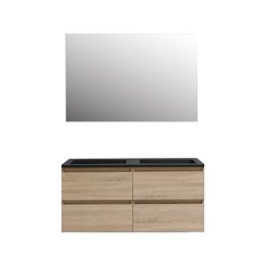 Boss & wessing Badkamermeubel  Pepper Acryl Wastafel Mat Zwart Incl Spiegel Met 2 Kraangaten 120x55x46 cm Eiken