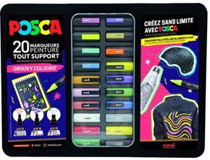 Posca paintmarkers, metalen doos van 20 stuks, assorti, ontwerp Groovy Colours