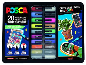 Posca paintmarkers, metalen doos van 20 stuks, assorti, ontwerp Pop Colours