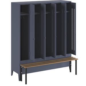 Wolf Kledingkast met aangebouwde bank, geperforeerde deuren, vakbreedte 300 mm, 5 vakken, blauwgrijs