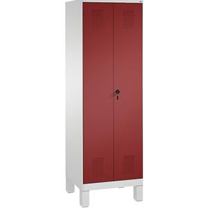 C+P EVOLO Wäsche- / Garderobenschrank, 4 Fachböden, Kleiderstange, Abteile 2 x 300 mm, mit Füßen, lichtgrau / rubinrot