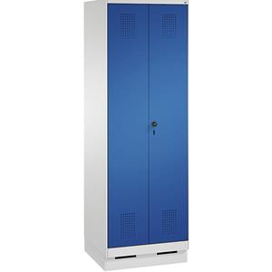 C+P EVOLO Wäsche- / Garderobenschrank, 4 Fachböden, Kleiderstange, Abteile 2 x 300 mm, mit Sockel, lichtgrau / enzianblau