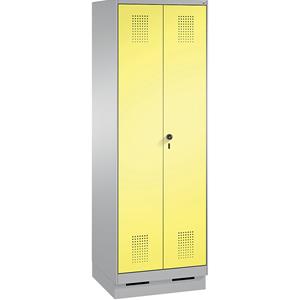 C+P EVOLO Wäsche- / Garderobenschrank, 4 Fachböden, Kleiderstange, Abteile 2 x 300 mm, mit Sockel, weißaluminium / schwefelgelb