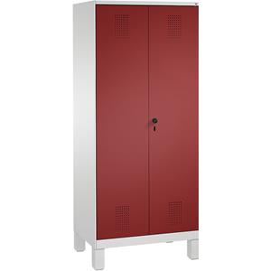 C+P EVOLO Wäsche- / Garderobenschrank, 4 Fachböden, Kleiderstange, Abteile 2 x 400 mm, mit Füßen, lichtgrau / rubinrot