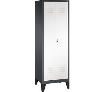 C+P CLASSIC Garderobenschrank mit Füßen, 4 Fachböden, Kleiderstange, Abteile 2 x 300 mm, schwarzgrau / verkehrsweiß